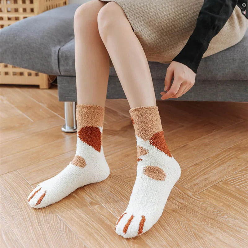 Women Winter Warm Fluffy Socks Cute Animal Claw Cat Paw Footprint Fuzzy Socks Female Thick Coral Fleece Home Floor Sleep Socks