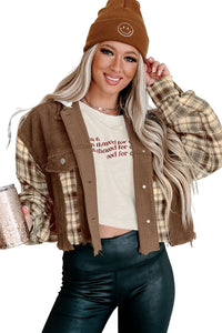 Brown Plaid Patchwork Distressed Hooded Cropped Jacket