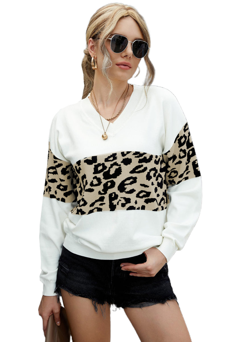 Black Leopard Colorblock V Neck Knit Sweater