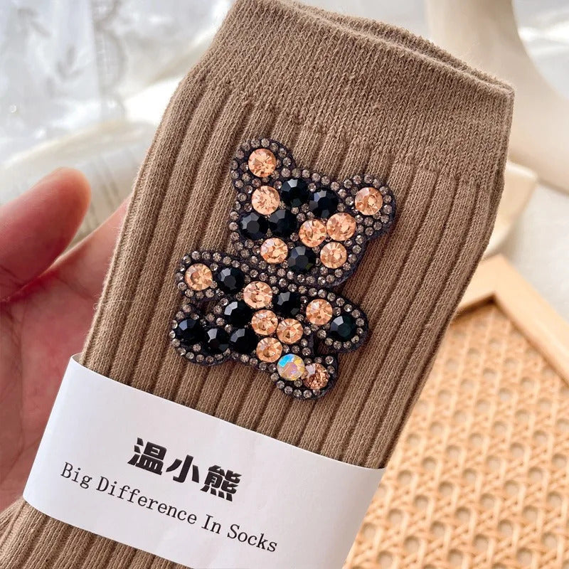 Diamond Cartoon Bear Decorative Socks, Fashionable Diamond Sparkling Women's Socks, Comfortable And Breathable Christmas Socks