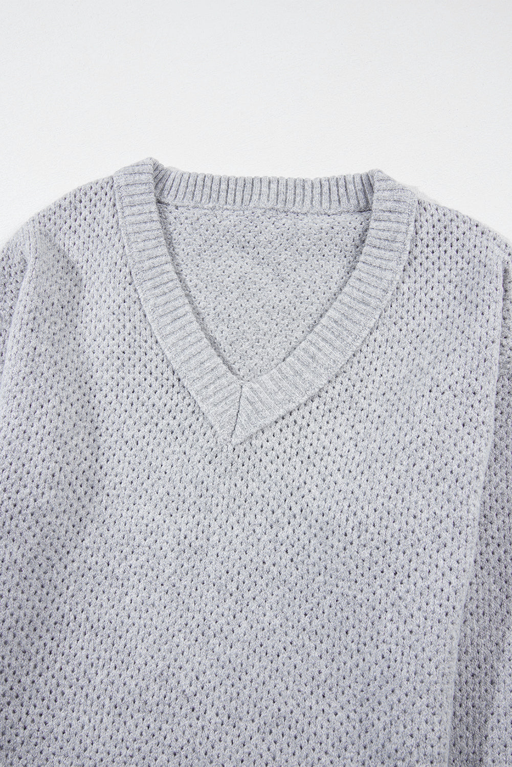 Light Grey Loose Eyelet V Neck Drop Shoulder Sweater