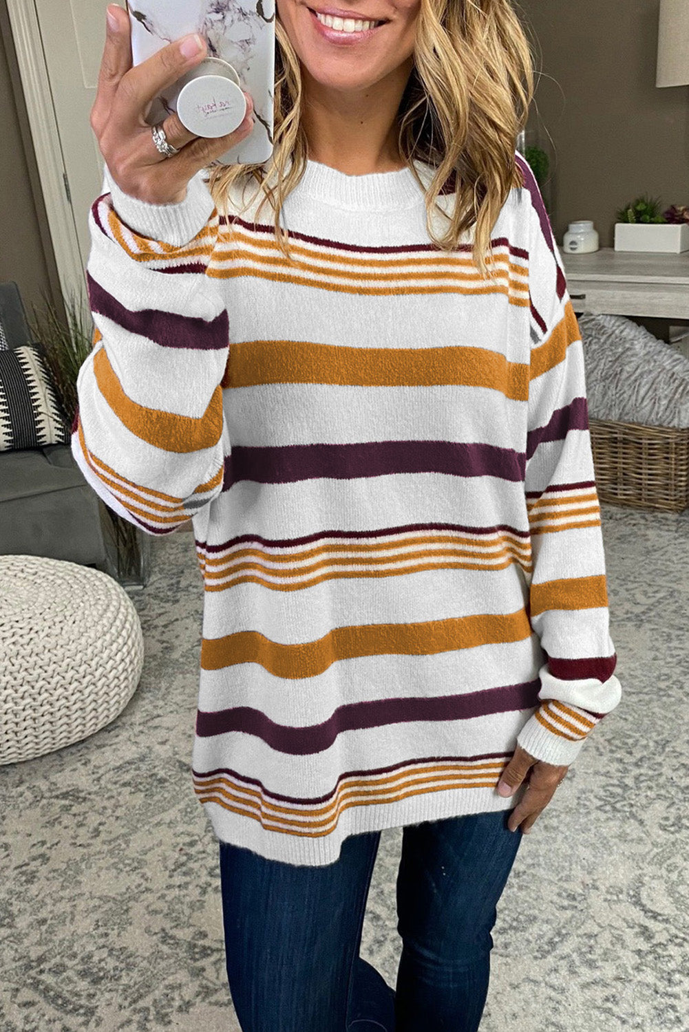 Brown Striped Crewneck Long Sleeve Sweater