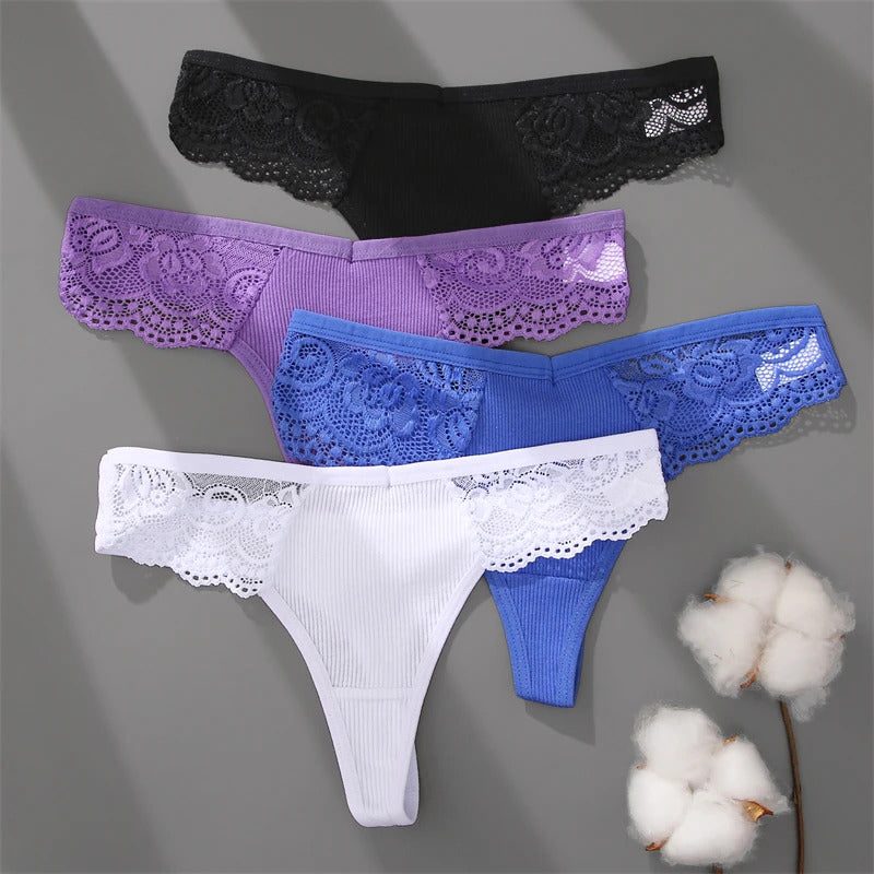 FINETOO 3Pcs Women's Cotton Underwear Lace Thongs Sexy Solid Color Low Waist Bikini Panties Ladies Breathable G-string Lingerie