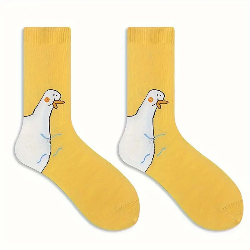 1/6 Pairs Cartoon Women Socks Fashionable And Versatile Cute Design Funny Goose Breathable Soft Comfortable Women Casual Socks﻿