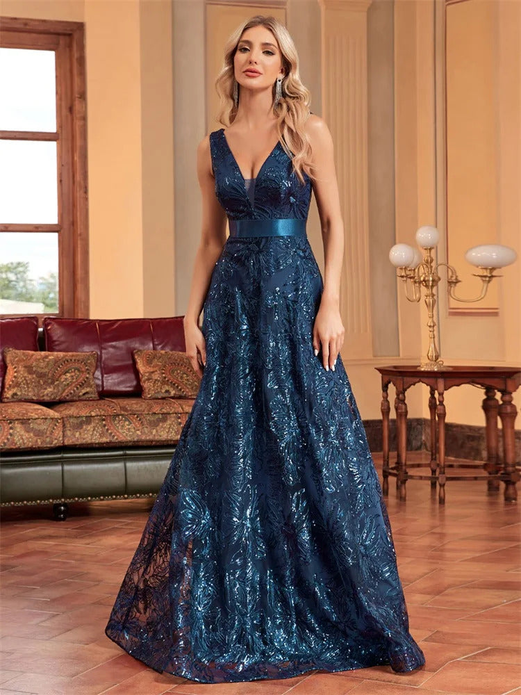 Lucyinlove Luxury Sexy Deep V-Neck Sequins Blue Evening Dresses Women Elegant V-back Wedding Party Long Prom Cocktail Dress