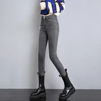 Women Thermal Skinny Jeans Mom Winter Warm Plush Stretch Jeans Lady Fleece Snow Denim Pants Student Pencil Straight Leg Trousers