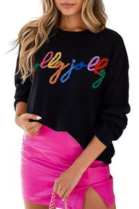 Black Holly Jolly Round Neck Casual Sweater