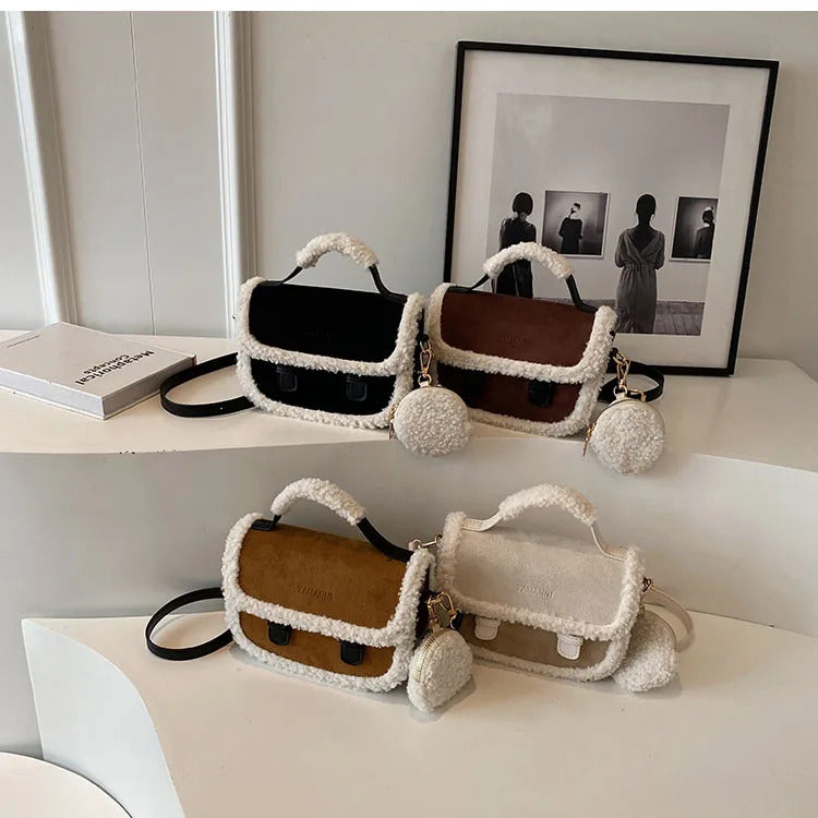 2023 Winter New Women's Plush Small Square Bag Color Contrast Design Single Shoulder Crossbody Bag Brown Handbag