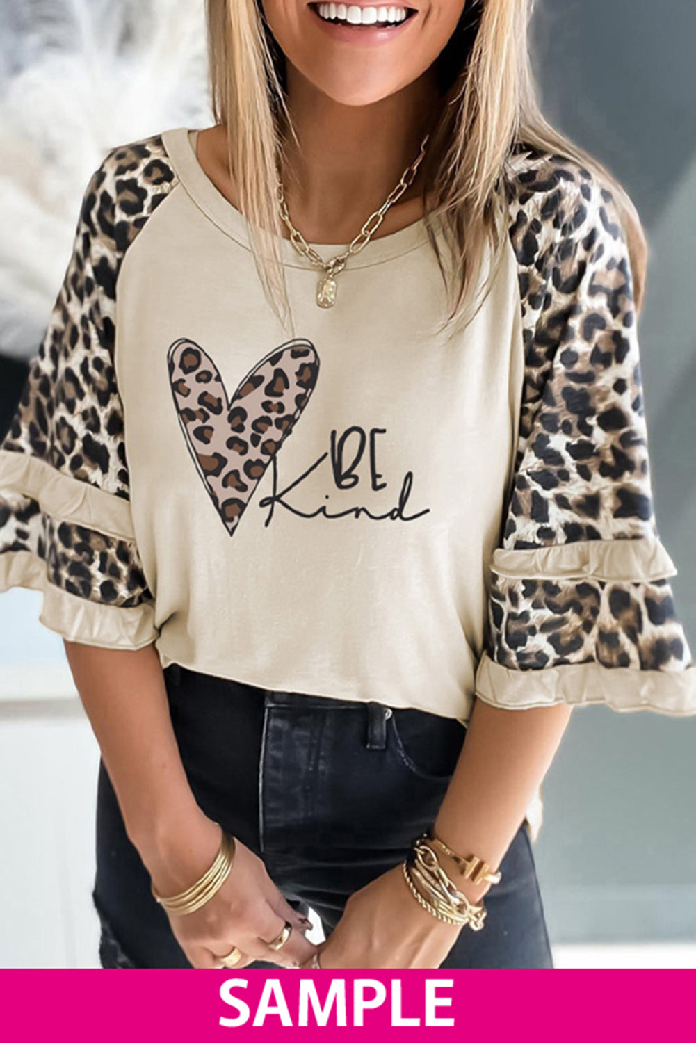 Blank Apparel - Black Ruffled Leopard Sleeve Patchwork Top