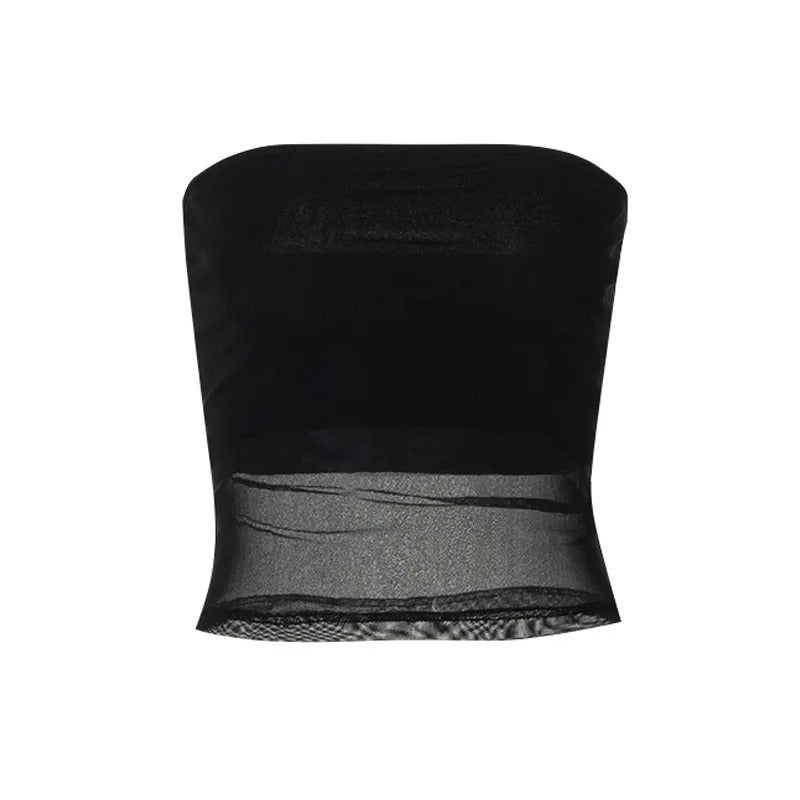 Mesh Corset Black Crop Top Women Patchwork Tube Top Sexy Sleeveless Off Shoulder Cami Summer Streetwear Slim Strapless Tank Tops