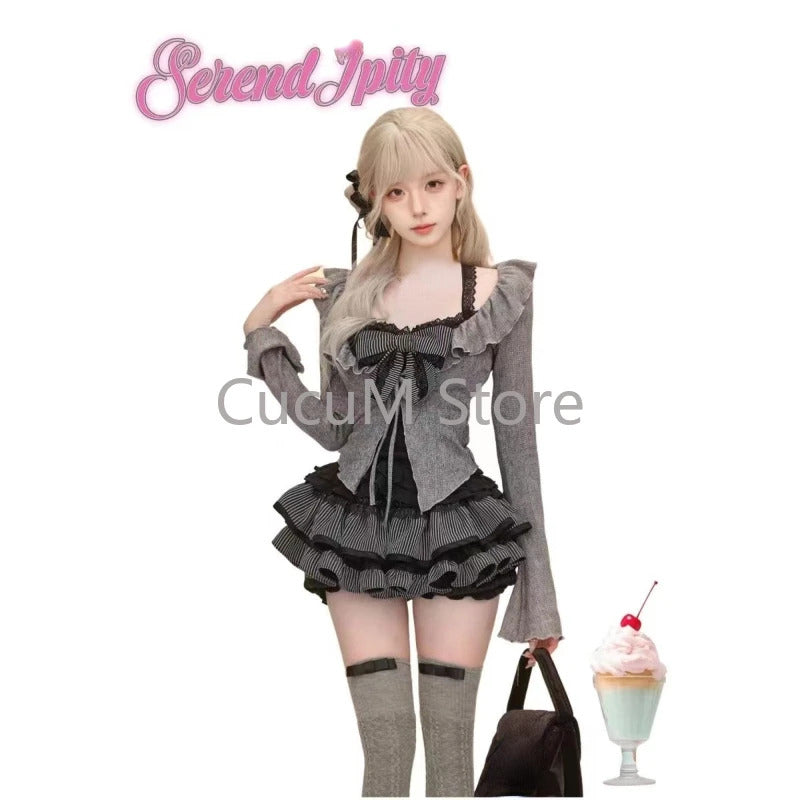 Sweet Lolita Lace Up Ruffles Cardigan+ Sexy Slim Fit Strapless Vest Tops+ High Waist Ruched Skirts Early Autumn Three Piece Sets