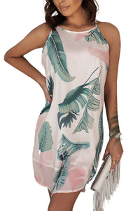 White Palm Tree Leaf Print Ivory Sleeveless Dress