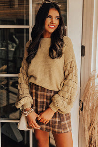 Khaki Hollowed Bubble Sleeve Knit Sweater