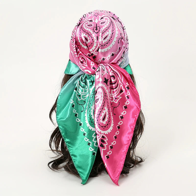 Satin Square Scarf Women Muslim Hijab Elegant 2023 Print Silk Neckerchief Shawl Wraps Headband Handle Hair Accessories Bandana