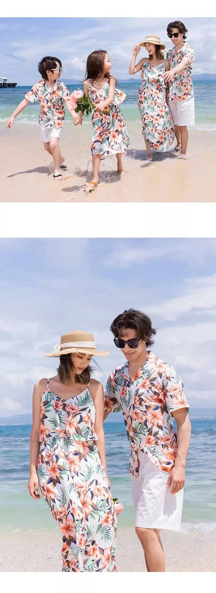 Family Look Vacation Beach Clothing Mom Daughter Sleeveless Dress Dad Son Matching Floral Shirt Set Parent Child Holiday Clothes