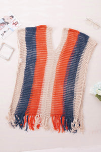 Multicolor Striped Tassel Crochet V Neck Beach Cover Up