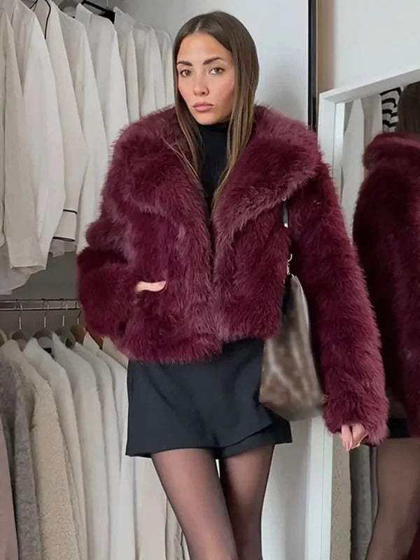 Fashion Burgundy Red Fluffy Faux Fur Short Coats Women Solid Lapel Full Sleeve Warm Jacket Winter New Chic High Street Outerwear