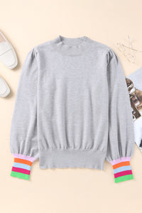 Gray Crew Neck Colorful Striped Cuffs Puff Sleeves Sweater