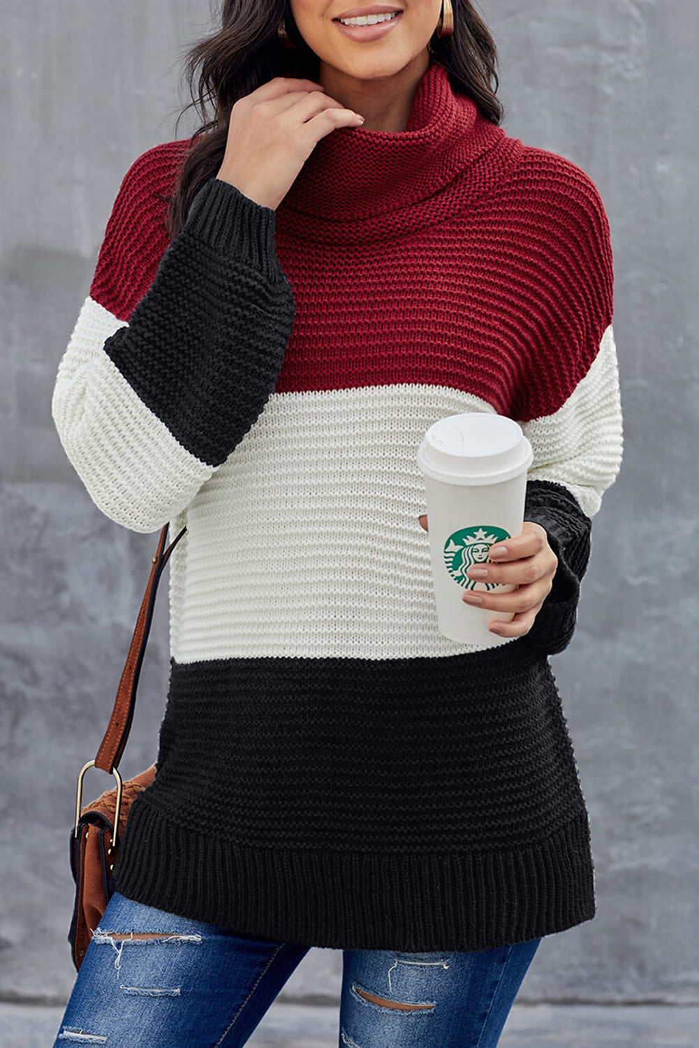 Black Turtleneck Color Block Pullover Sweater