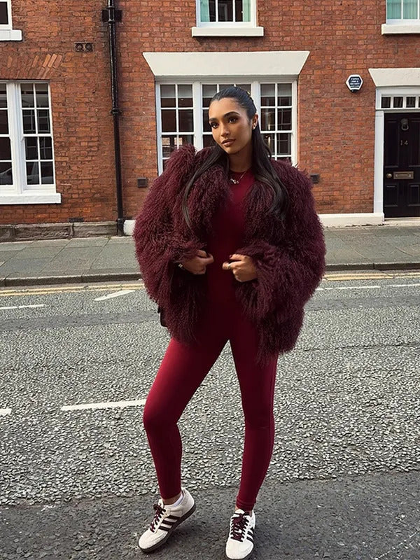 Retro Burgundy Tassels  Faux Fur Long Sleeves Short Coat Elegant Loose Turn-down Collar Jacket 2024 New Woman High Street Coats