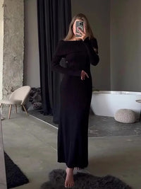 Tossy Fashion Knit Long Dress Off-Shoulder Female Ribbed Loose High Waist Elegant Autumn Party Dress Ladies Knitwear Maxi Dress