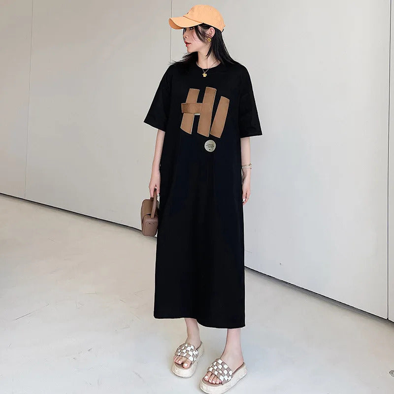 Harajuku Graphic White Long Dress Woman Clothing Y2k Casual Short Sleeve O-Neck Korean Fashion Summer Womens Loose Dresses 2024