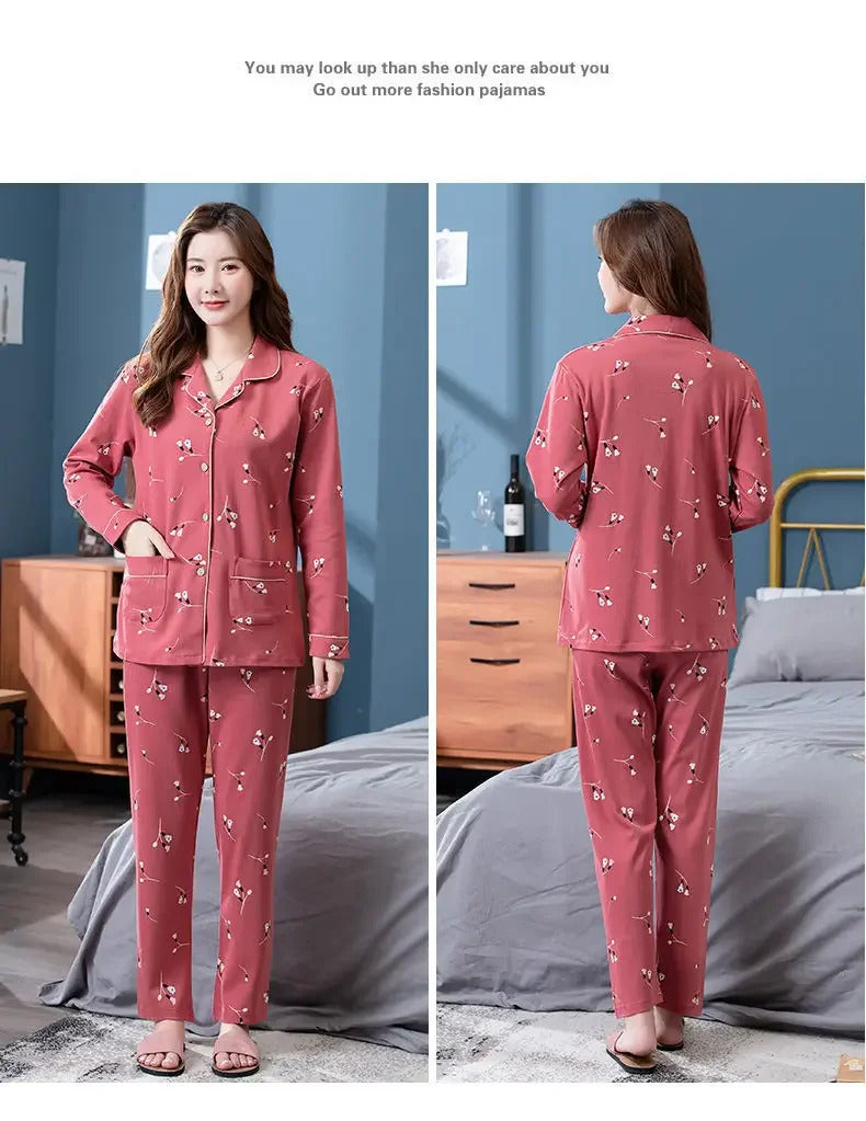 100% Cotton Long Sleeve Cardigan Pajama Set For Middle-aged Elderly Women Autumn Outer Wear Homewear