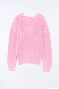 Pink Ribbed Knit V Neck Sweater