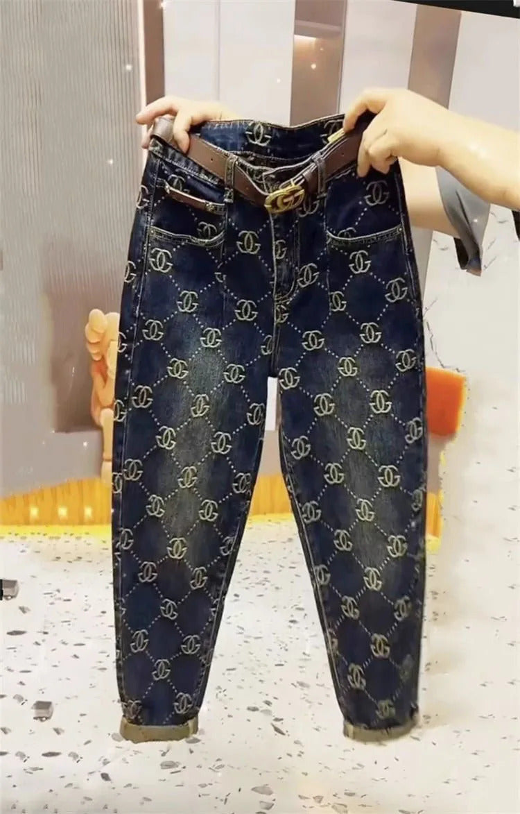 2025 New Trend Thick Retro Jeans Women Embroidery High Waist High Waist Harem Pants Winter Autumn Causal Loose Capri Pants