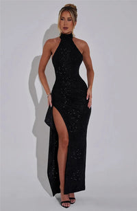 Mozision Sparkle Thigh High Split Sexy Maxi Dress Women Gown Black Half High Collar Sleeveless Backless Bodycon Sexy Long Dress