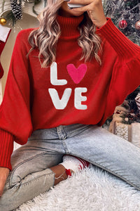 Racing Red Valentine LOVE Letter Embroidered High Neck Sweater