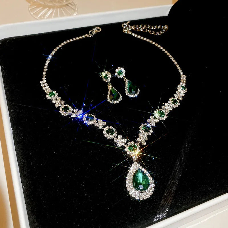 Shiny Crystal Necklace Earrings Women's Fashion Big Water Droplet Rhinestone Necklaces Wedding Evening Dress Jewelry Set