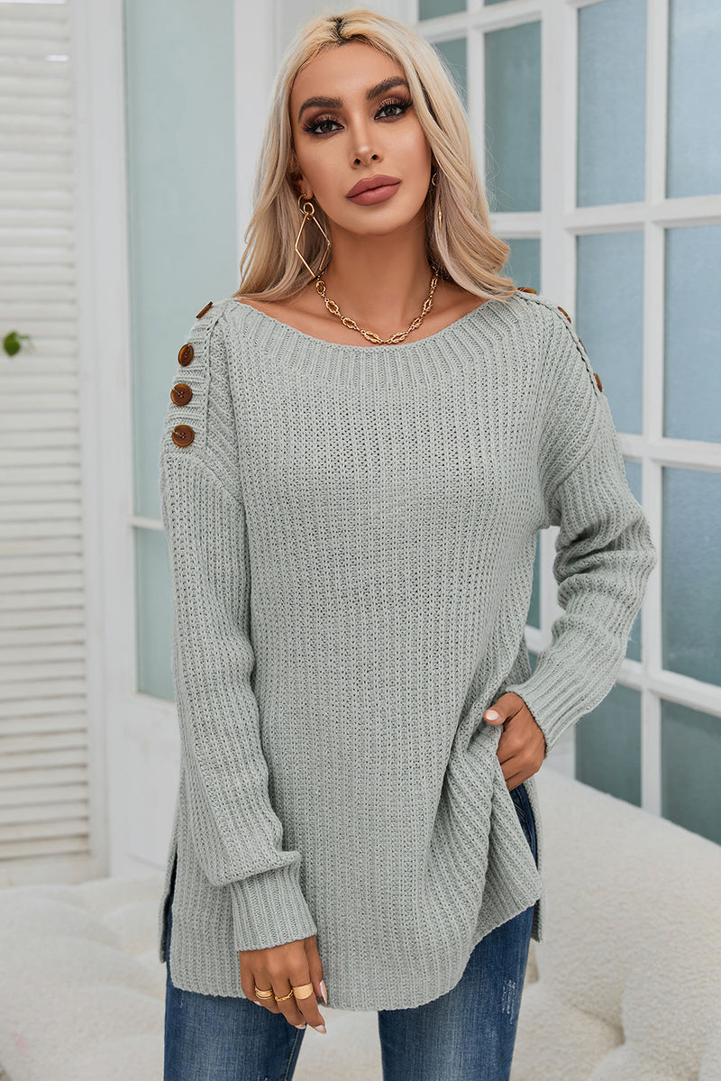 Gray Buttoned Drop Shoulder Oversized Sweater