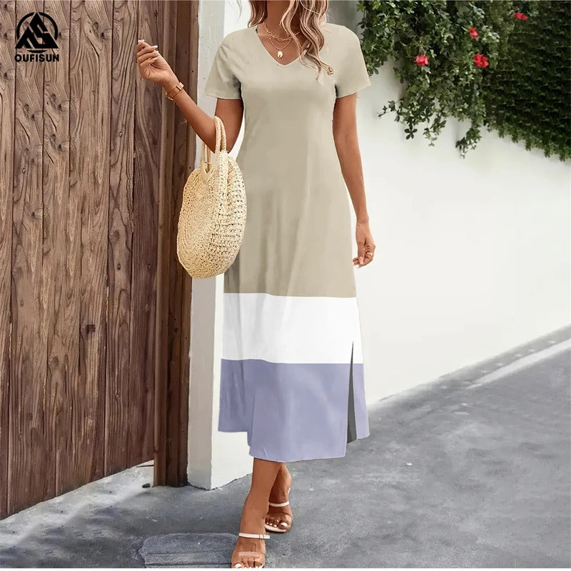 2024 New Women's Dresses Graphic Print Elegant Midi Dresses Female Short Sleeve Dress Fashion Oversized Clothes Summer