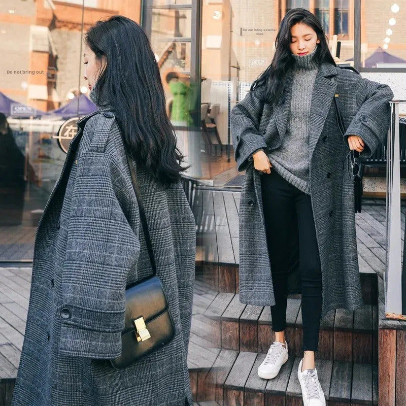 Plus Size Plaid Tweed Women's Overcoat Autumn/Winter Idle Style Thickened Warm Korean Woolen Jacket Soft Padded Thick Coat