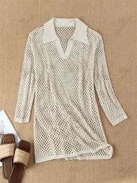 Solid Colour Beach Knit Mini Dress Women's Summer Sexy Hollow Out Long Sleeve Swimsuit Cover Up Boho Holiday Loose Beachwear K17