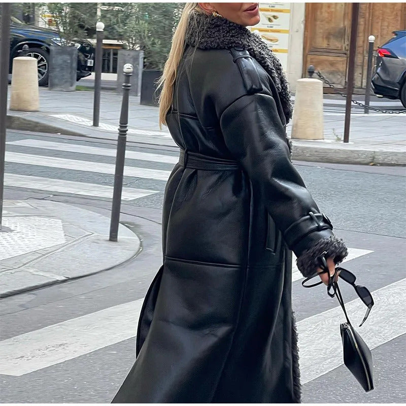 Women Black Lamb Wool Patchwork Leather Overcoat Fashion Lapel High Waist Pockets Jacket With Belt Winter Lady Street Warm Coats