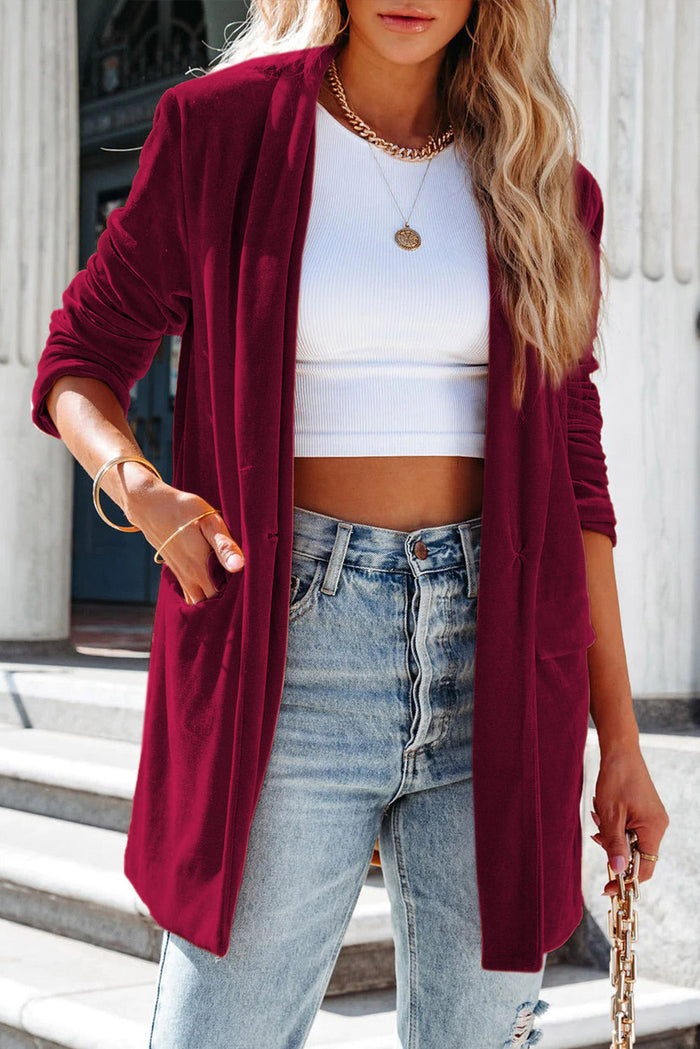 Red Casual Pocketed Velvet Blazer