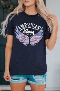 Blue American Woman Flag Eagle Wing Graphic Tee