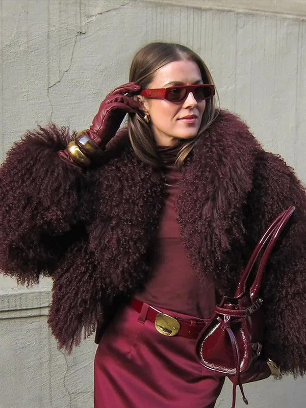 Retro Burgundy Tassels  Faux Fur Long Sleeves Short Coat Elegant Loose Turn-down Collar Jacket 2024 New Woman High Street Coats