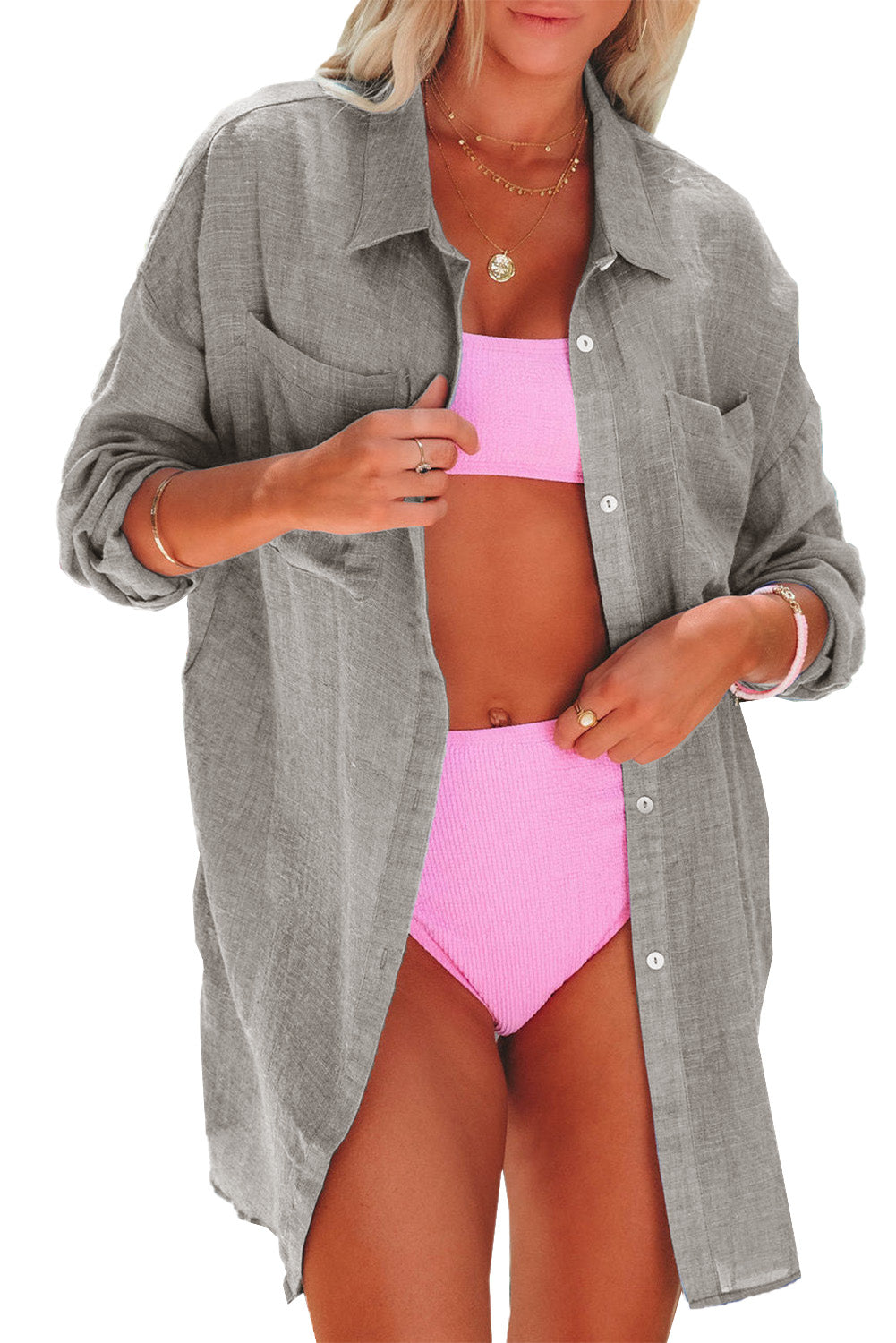 Gray Lightweight Shirt Style Beach Cover Up