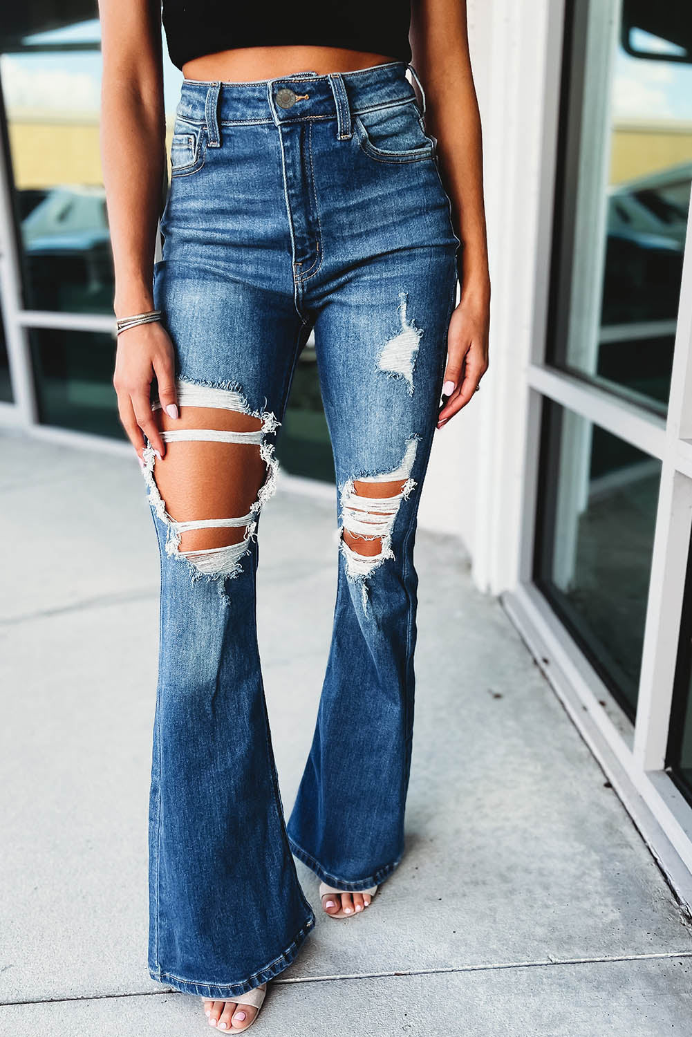 Blue High Waist Distressed Cutout Flare Leg Jeans