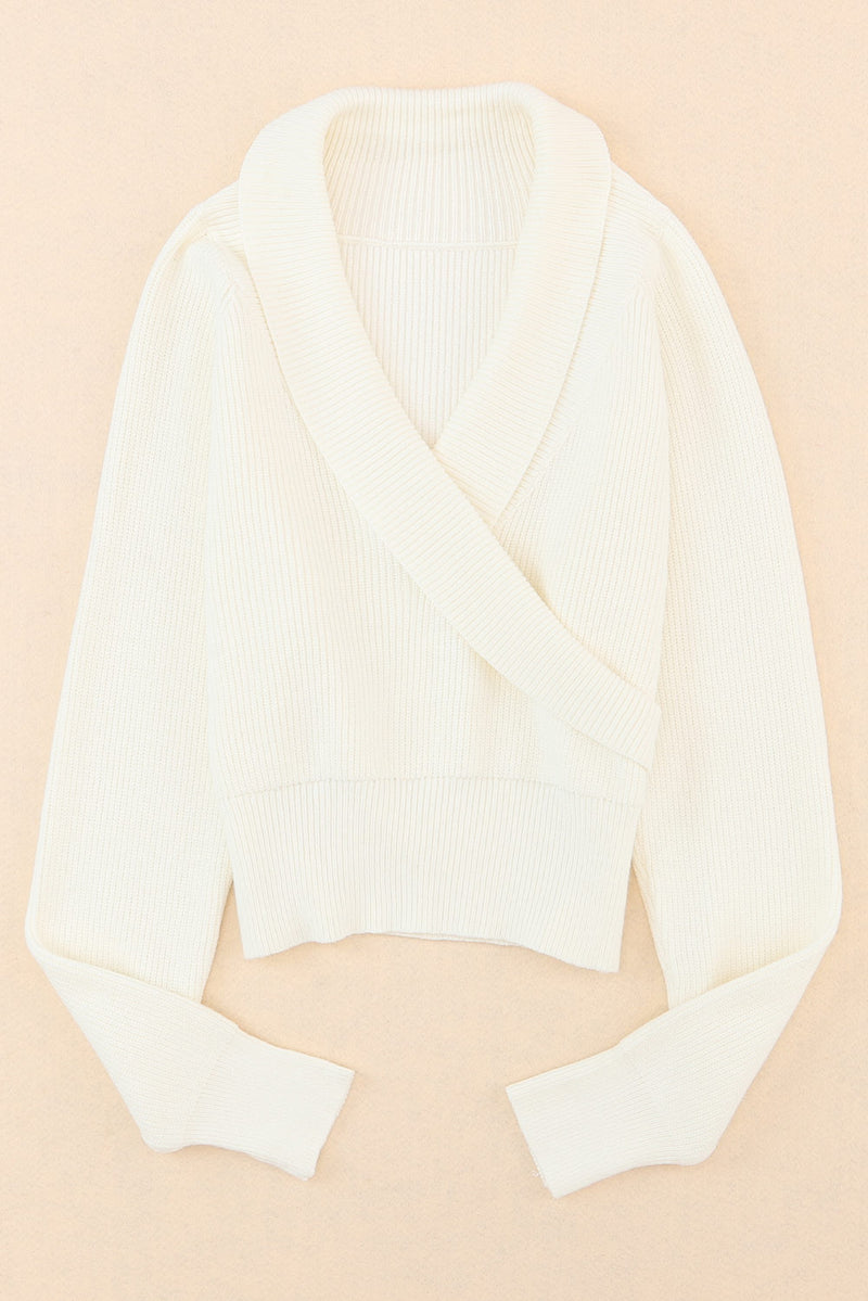 Beige Ribbed Long Sleeve Surplice Crop Sweater