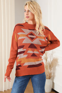 Brown Aztec Knitted High Neck Drop Shoulder Sweater