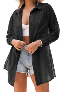 Black Lightweight Shirt Style Beach Cover Up