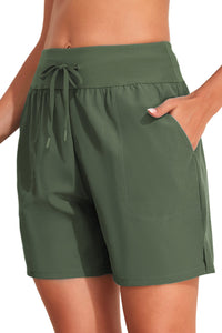 Green Solid Pocketed Drawstring High Waist Swim Bottom