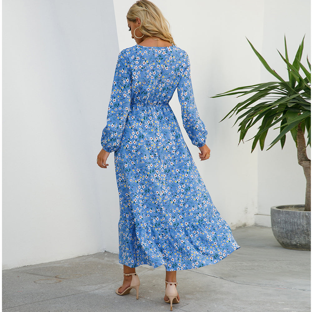 Women Maxi Dresses Sping Autumn Bohemian Casual Full Sleeve High Waist Beach Woman Chiffon Dresses Floral Vestidoes Long Dress