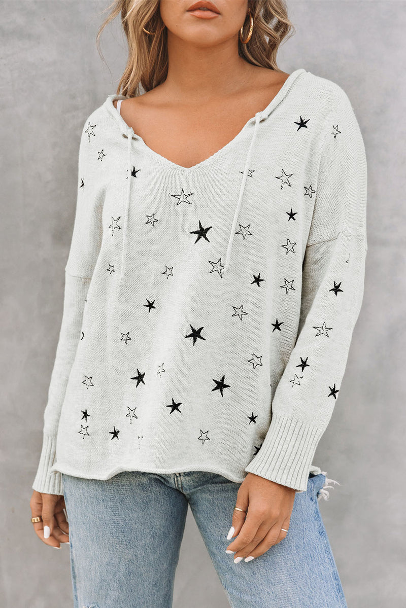 Gray Mini Starfish Embroidery Lightweight Knit Sweater