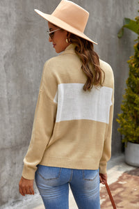 Khaki Colorblock Turtleneck Loose Knitted Sweater