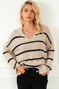 Khaki Striped Knit Collared Pullover Sweater